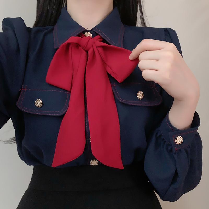 

2020 Brand New Women Fashion Long Sleeve Shirt Bowtie Collar Pockets Elegant Blouse Office Lady Outfit Blusa Mujer, White