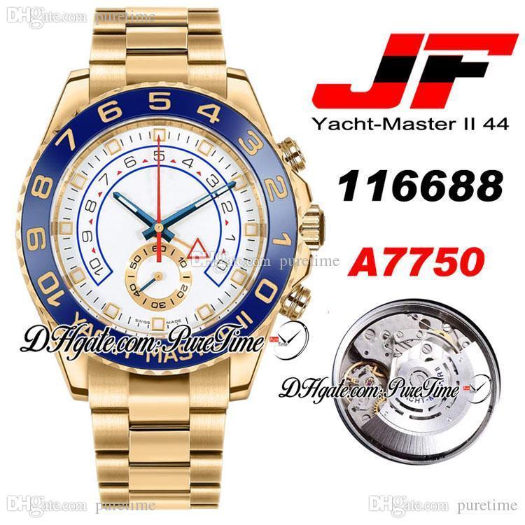 

JFF YM II 116688 ETA A7750 Automatic Chronograph Mens Watch 18K Yellow Gold Blue Ceramic White Dial Stainless Steel Bracelet New Puretime, Accessories