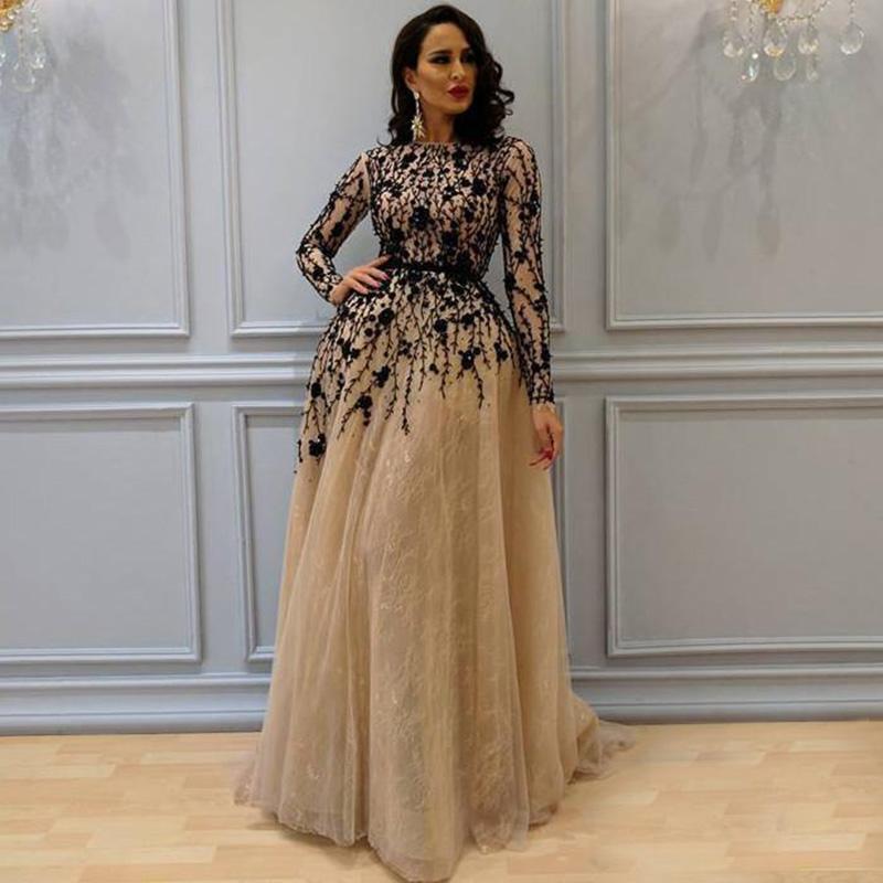 

elegant Long Sleeves Lace A Line Evening Dresses Black Major Beaded Tulle A Line Formal Party Prom Evening Gowns For Women