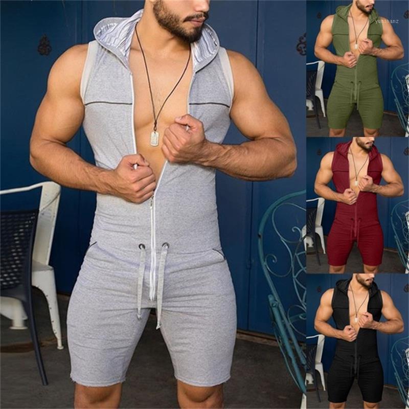 

Summer Men Sports Suit Sleeveless Hooded Zipper Sweatshirt Solid Shorts Fitness Exercise Slim Fit Set Plus Size1, Black