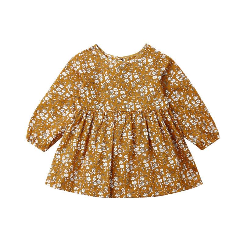 

2020 Autumn Baby Girl Floral Tutu Dress Round Neck Long Sleeve Clothes 0-4T, Yellow