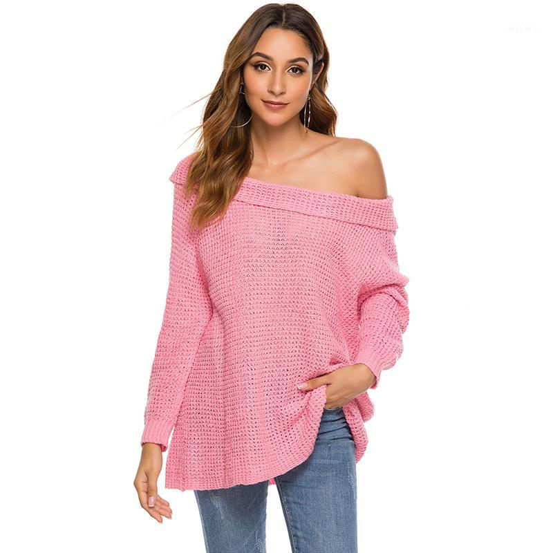 

New Women' Off Shoulder Long Sleeve Knit Jumper Oversized Pullover Baggy Solid Sweater1, Pink