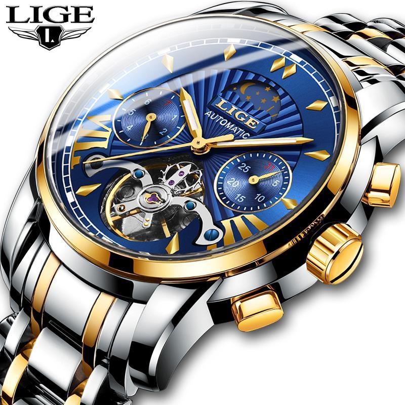 

LIGE Men Watch Tourbillon Automatic Mechanical Watch Top Stainless Steel Sport Watches Mens Relogio Masculino+Box1, S gold blue