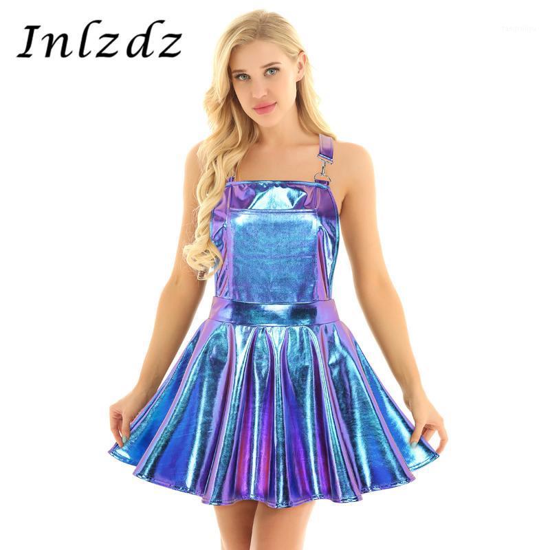 

Women' Shiny Latex Dress Metallic Holographic Wide Shoulder Straps Pleated Bib Overall Braces Suspender Dress1, Black