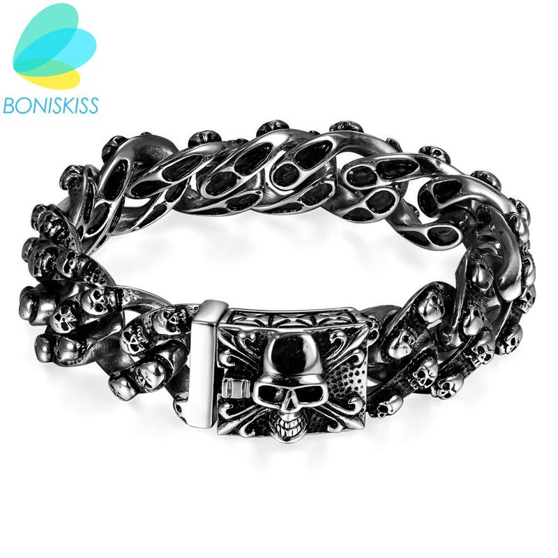 

Boniskiss Domineering Gothic Stainless Steel Bracelet Punk Silver Color Skull Bracelets & Bangles For MEN Jewelry Christmas Gift