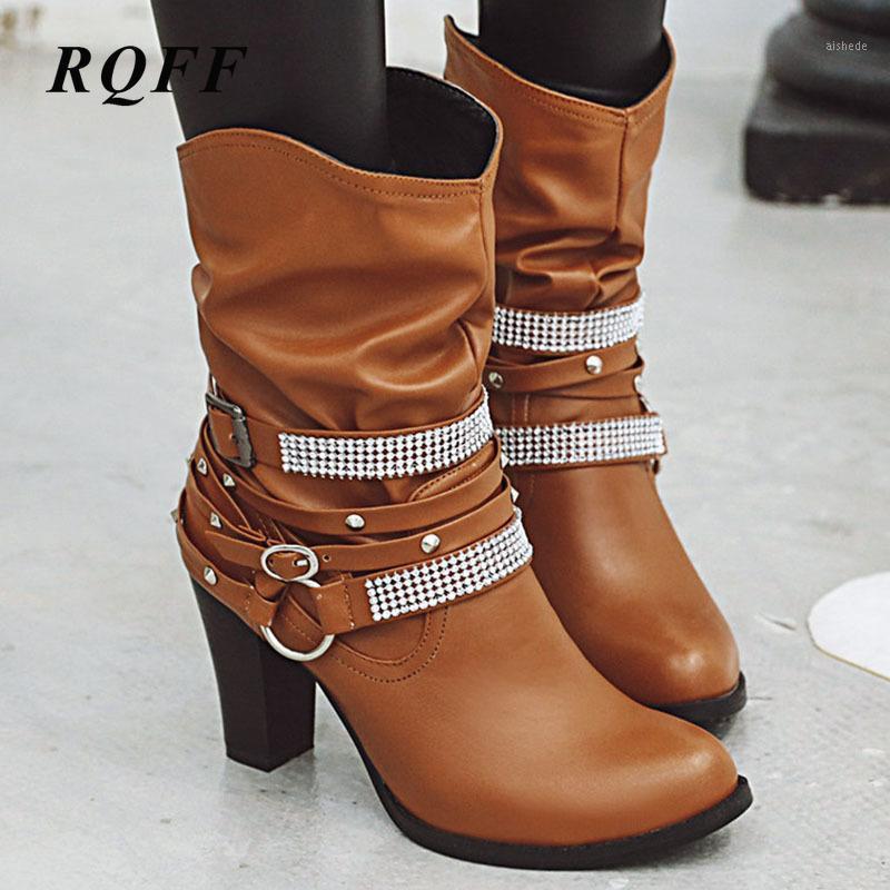 

2020 Autumn Winter New Women Boots Pu Leather Belt Buckle Mid Calf Block Heel Slip on Punk Boot Brown Black High Heels Shoes1, Beige