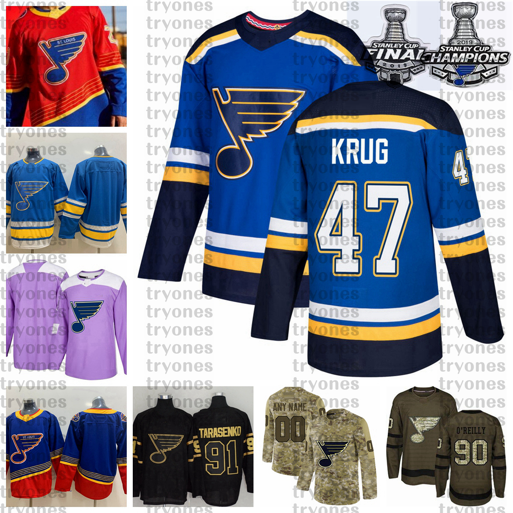

2021 Reverse Retro Customize 47 Torey Krug St. Louis Blues Champions Hockey Jersey Golden Edition Camo Veterans Day Fights Cancer Jersey, Yellow