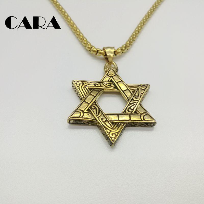 

2021 New Vintage Gold color stainless steel Jewish Hexagon star necklace mens hip hop punk pendant necklace jewelry CARA0159