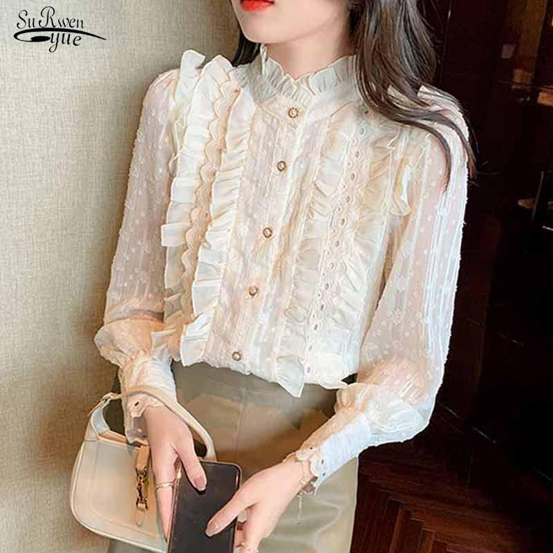 

Women's Blouses & Shirts Stand Collar Vintage Shirt Autumn Chiffon Loose Long Sleeve Pleated Ruffle Blouse Fashion Women Tops Apricot Blusas, White
