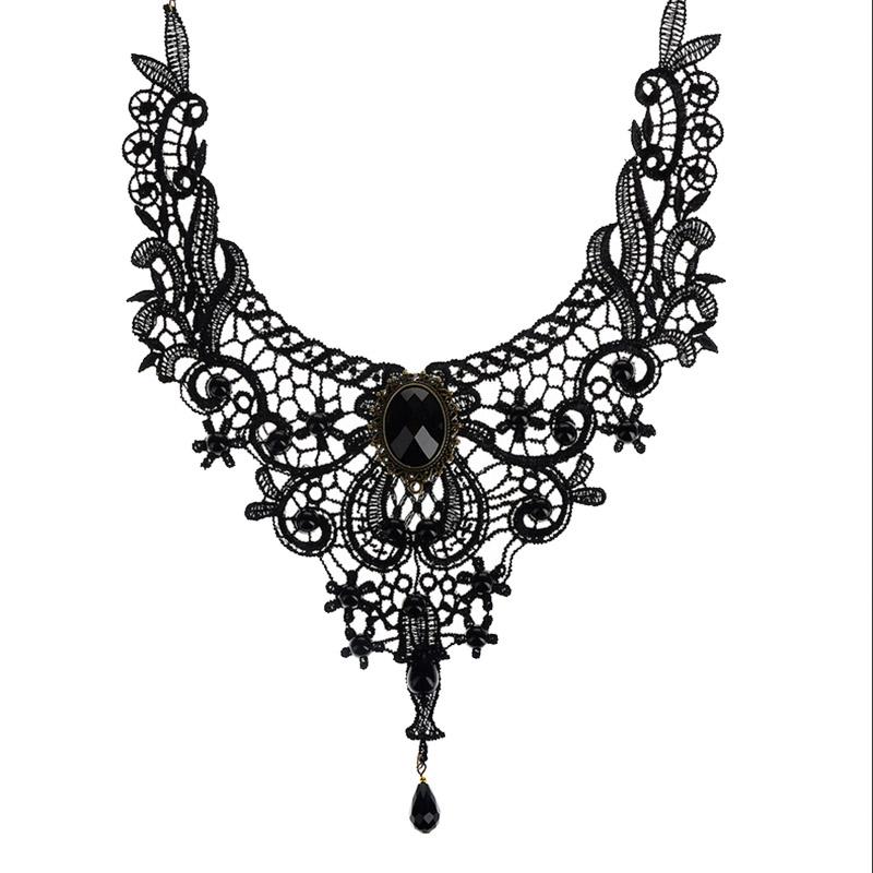 

Velishy Gothic Punk Style Gem Decoration Women Black Lace Beads Choker Collar Necklace Chocker Jewelry