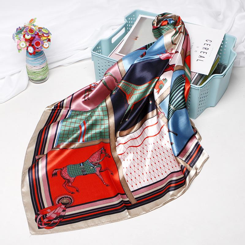 

2020 Fashion Luxury Scarf Women Hijab Bandana Horse Print Head Neck Shawl Stole Wraps for Stylish Lady Girls Gift 90*90cm, Blue;gray
