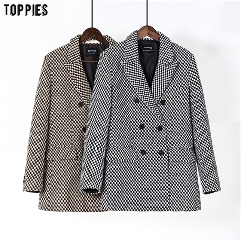 toppies vintage Houndstooth woolen Jacket double breasted long coat women outwear winter clothes 201218Z
