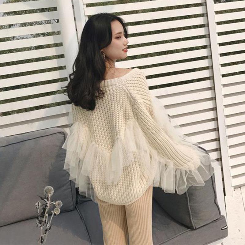 

Mesh Patchwork Women Cardigan Slash Neck Solid Open Stich 2020 New Auttum Fashion Casual Loose Elegant Chic Sweater 68634, Apricot sweater