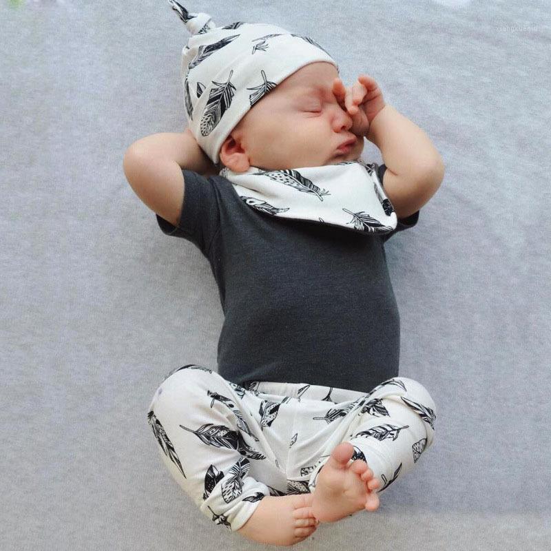 

Infant Toddler Clothing Summer Baby Boys Girls Outfits Set Short Sleeve Gray Tops+Leaf Print Pants+Hat+Bibs 4Pcs Newborn Clothes1, As pic