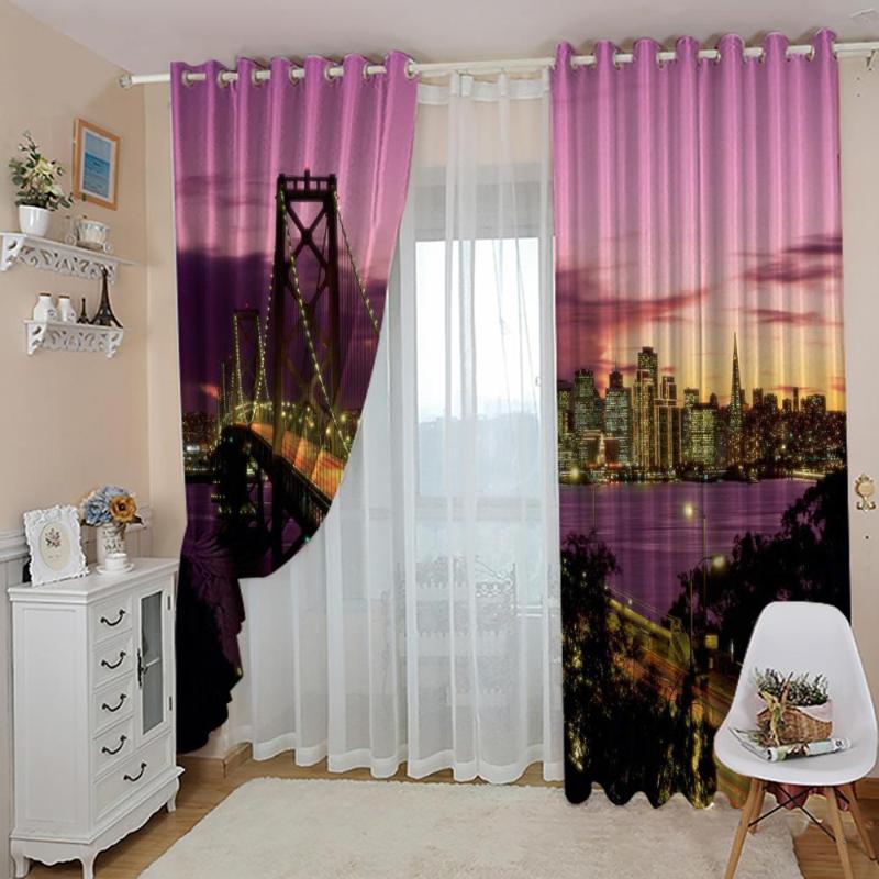 

Custom Any Size Bridge city at night painting Photo Curtain Large Window For Living room Bedroom Sunshade Blackout Drapes Sets, As pic