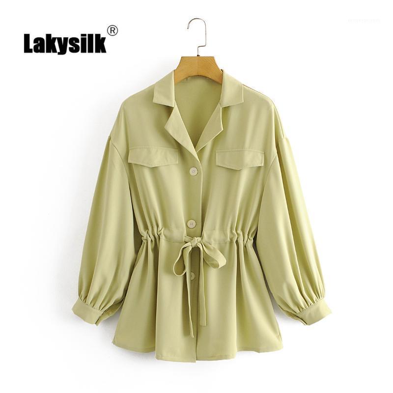 

Elegant Green Shirts Women Notched Collar Drawstring Lace Up Slim Blouses Lady Fashion Lantern Long Sleeve Spring Autumn Shirt1