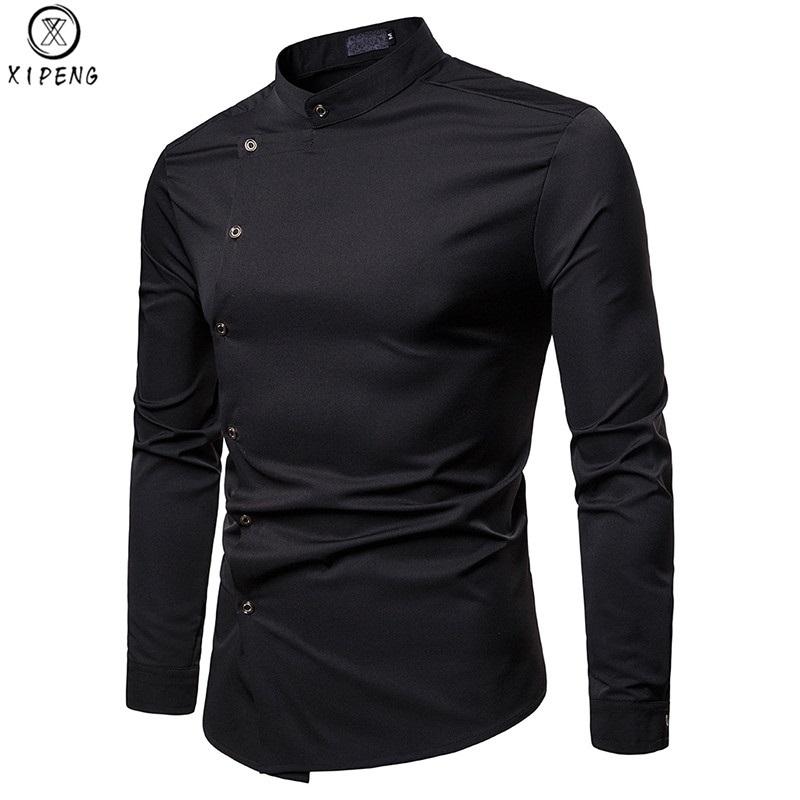 

2020 Fashion New Male Irregular Shirt Long Sleeve Mens Clothes Oblique Button Dress Shirts Mandarin Collar Men Tuxedo Shirts, White