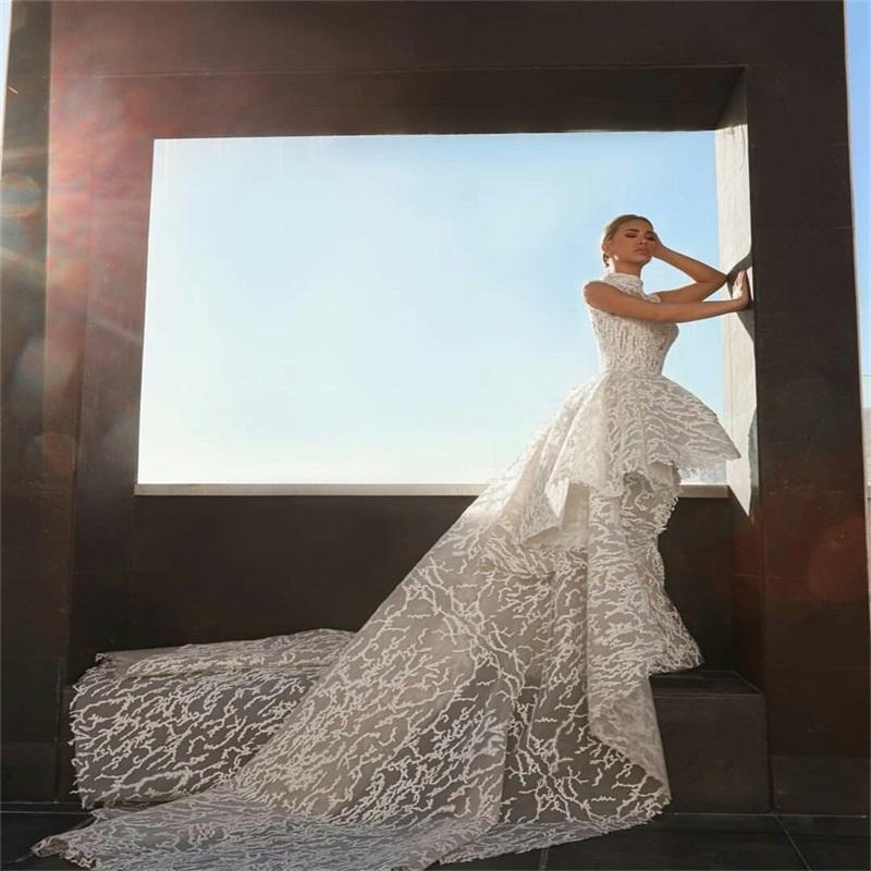

Luxury Wedding Dresses With Detachable Train Sequins High Neck Tiered Appliqued Mermaid Wedding Dress Custom Made Modern Bridal Gowns, Silver