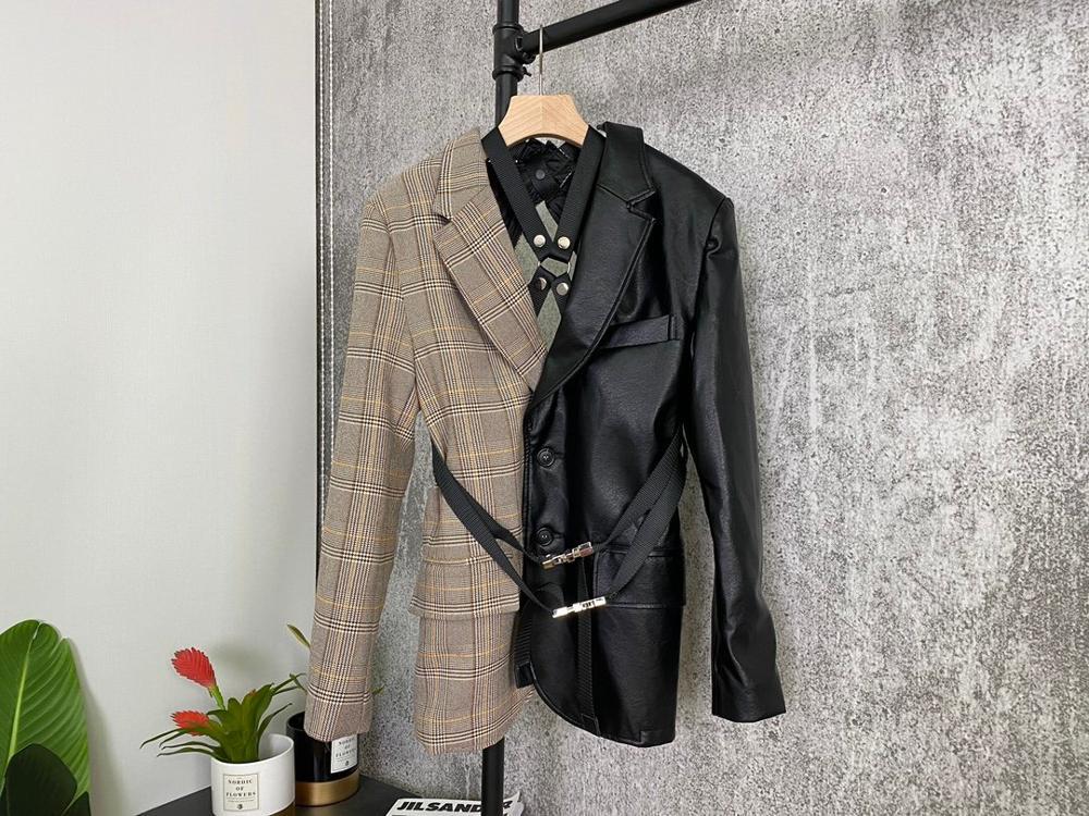 

2020FW autumn new women plaid patchwork leather blazer coat for ladies backless fashion outerwear jacket ddxgz2 9.21, Black