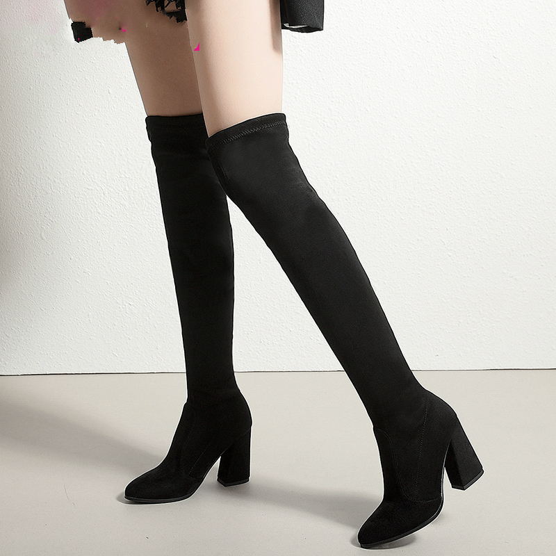 

Esveva 2020 femininas deslizamento em sapatos sobre o joelho estiramento tecidos dedo do p apontado hoof botas de salto alto, Orange