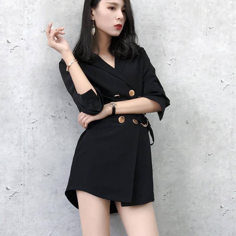 

New spring Korean casual chic lace long section of double-breasted black suit thin section