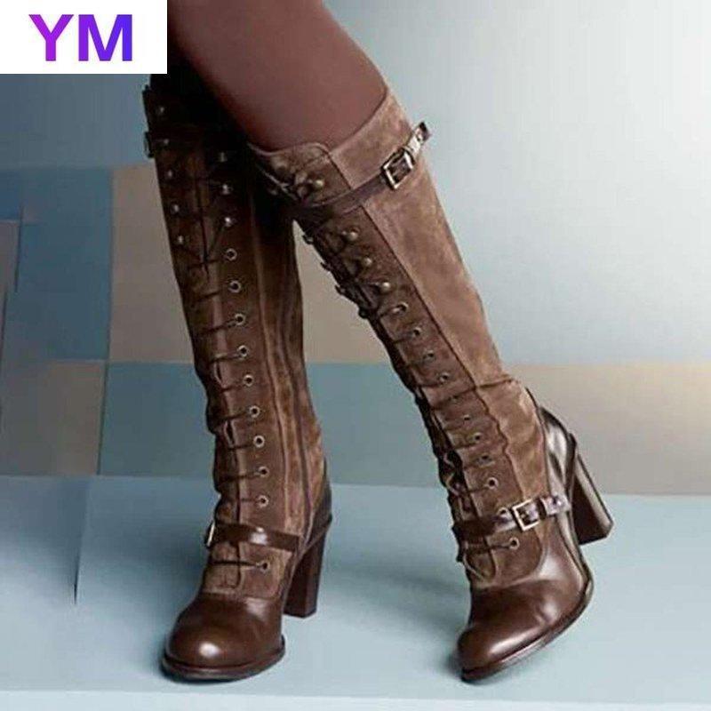 

2020 Women's Boots Winter Autumn Locomotive Shoes Lace Up Woman Med Heels Buckle Fashion Ladies British Boot Knee-high 35-431, Brown