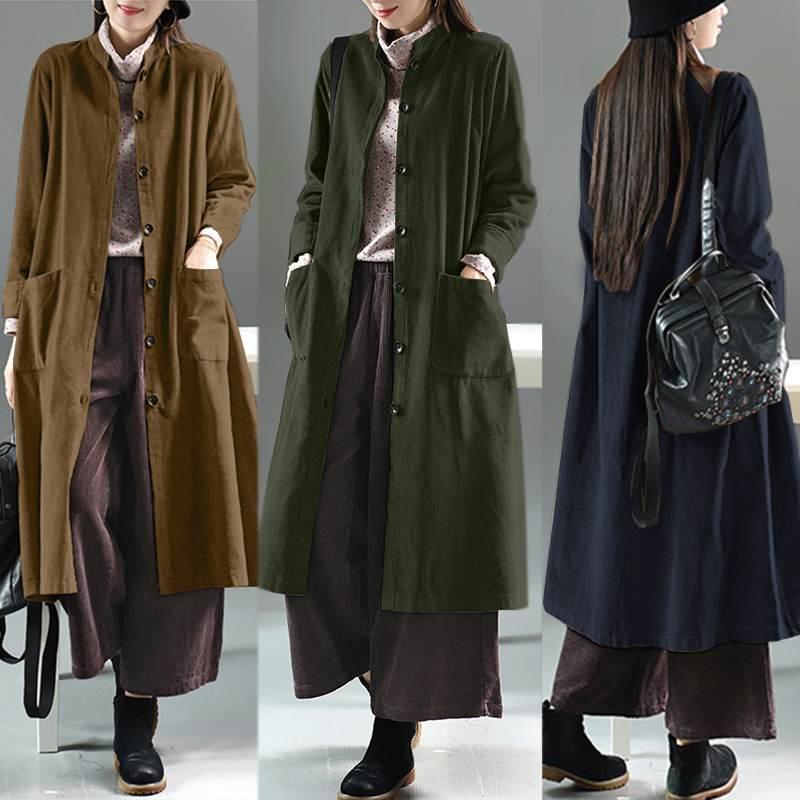 

Autumn Women Thin Coats Vintage Corduroy Jackets ZANZEA Retro Lapel Neck Pockets Outwear Casual Long Sleeve Solid Long Cardigan, Black