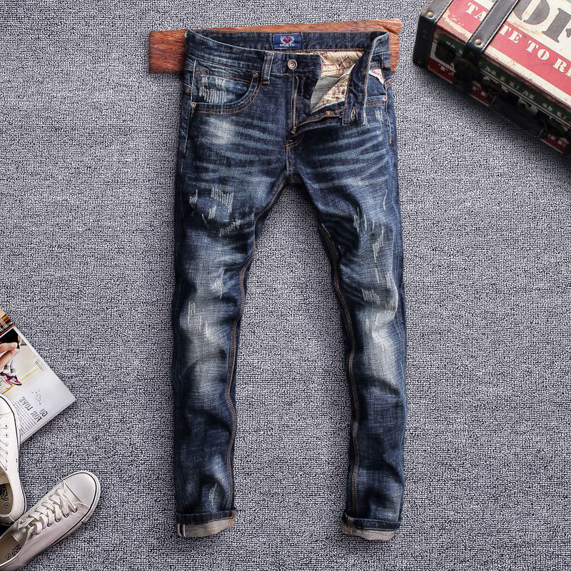 

2021 New Vintage Designer High-quality Denim Torn Wild Man Classic Jeans Size 28-. Bhca, Blue