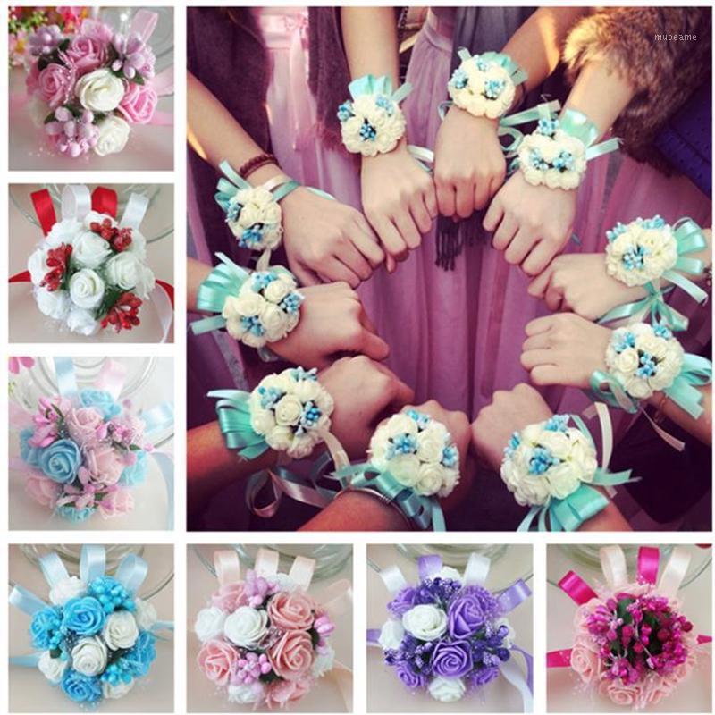 

21 Colors Artificial Wrist Flowers Stamen PE Ribbon Party Wedding Decoration Bride Bridemaid Corsages With Roses Fake Flower1