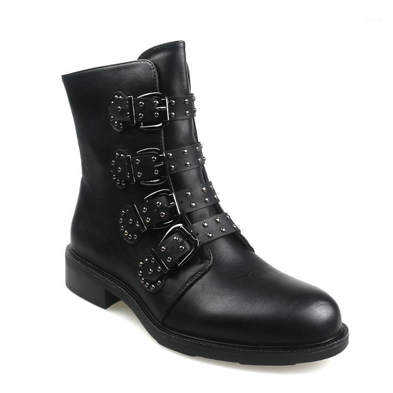 

Leather Women Ankle Boots Autumn Rivet Buckle Short Boots For Ladies Flat Fashion Woman Black Winter Punk Motocycle Shoes 20201