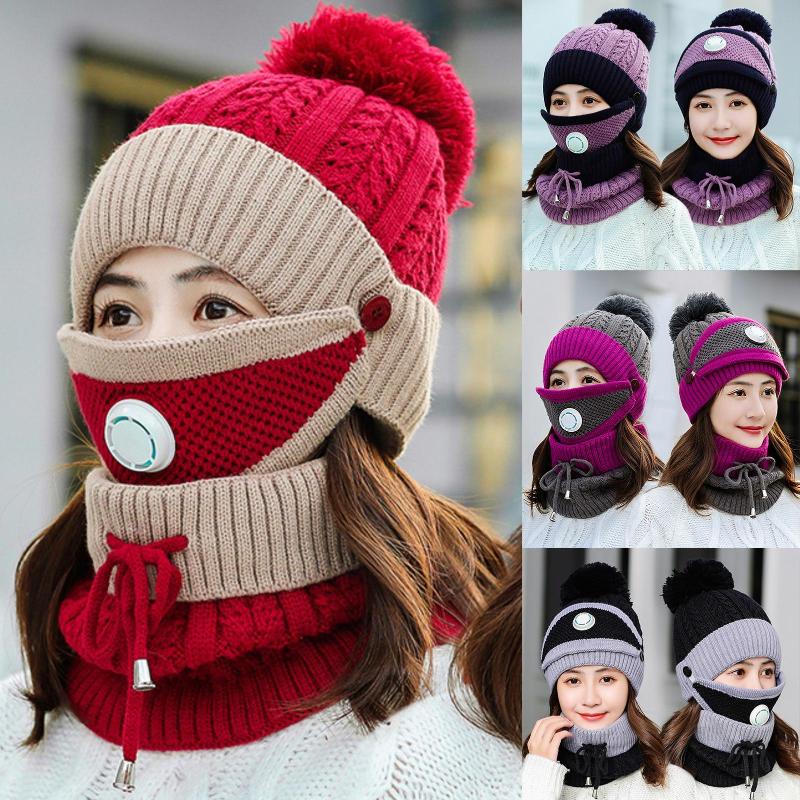 

Women Winter Knitted Beanies Cap Face Cover Neck Scarf Gloves Set Outdoor Warm Keeping Women Knitted Hat with Scarves Gloves, Navy blue