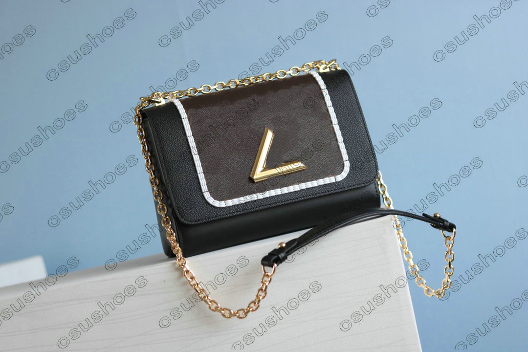 

Leather V Lock Flap Womens Designer Canvas Chain Handbag Black pochette Twist shoulder Bag Lady Letter Crossbody Bag Totes M50282 M50351