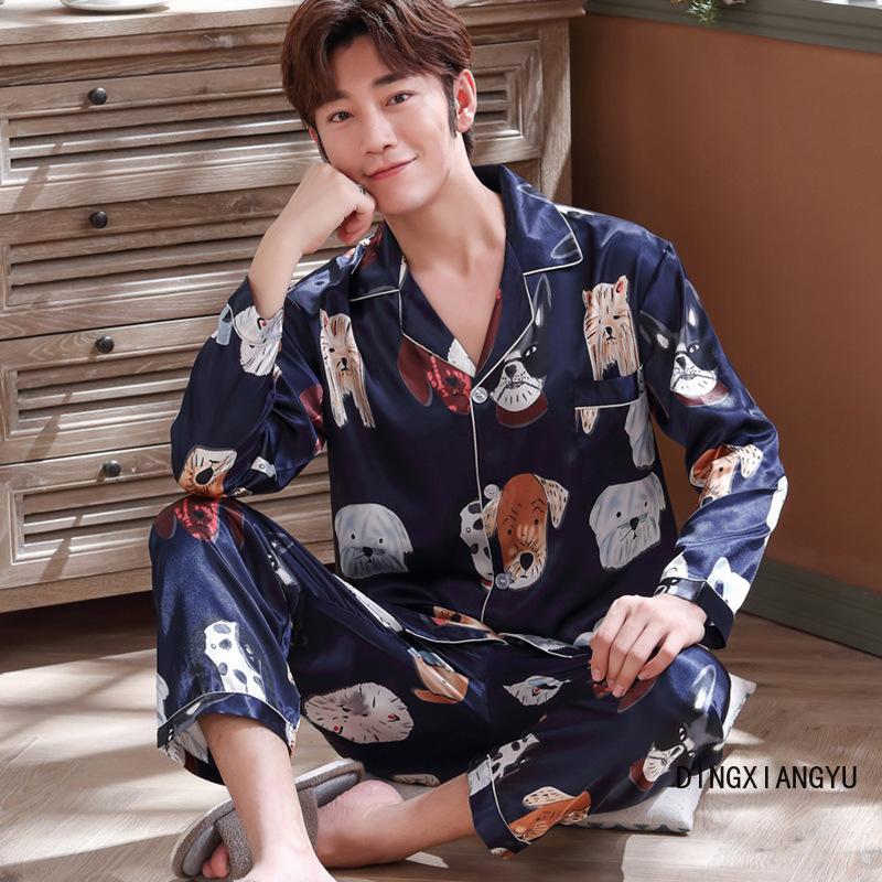 

Spring and Autumn Silk Pajamas Men's Long-Sleeved Cartoon Ice Silk Pajamas Men's Summer Thin Casual Homewear  Set