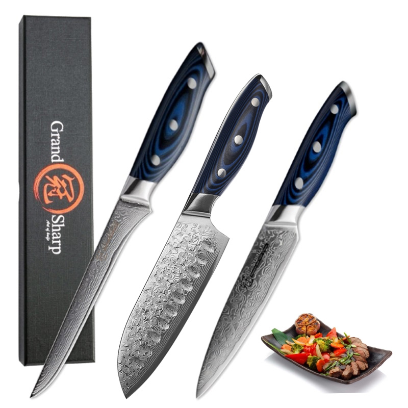 

3 Pcs Damascus Chef Knives Sets Japanese Steel Damascus Santoku Utility Boning Kitchen Knives vg10 Chef's Pro Tools GRANDSHARP