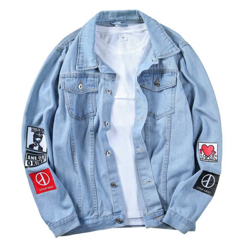 Men Stylish Loose Denim Jacket Cowboy Slim Fit Bomber Outwear Jacket Denim Coat Clothing Men's Jean Jacket Hip Hop Print Coat 201116Z