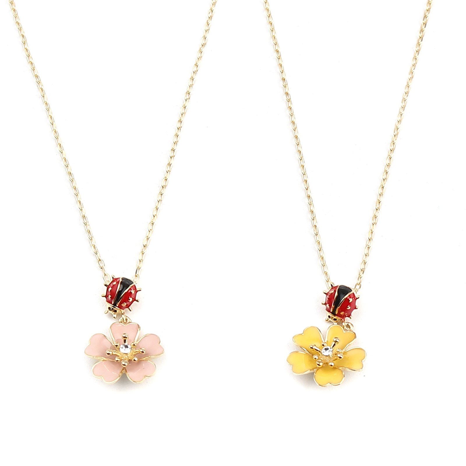 

925 Sterling Silver Necklace Gold Plated Red & Yellow Flower Ladybird Enamel Pendants Necklace 41cm(16 1/8") long, 1 Piece Q0531