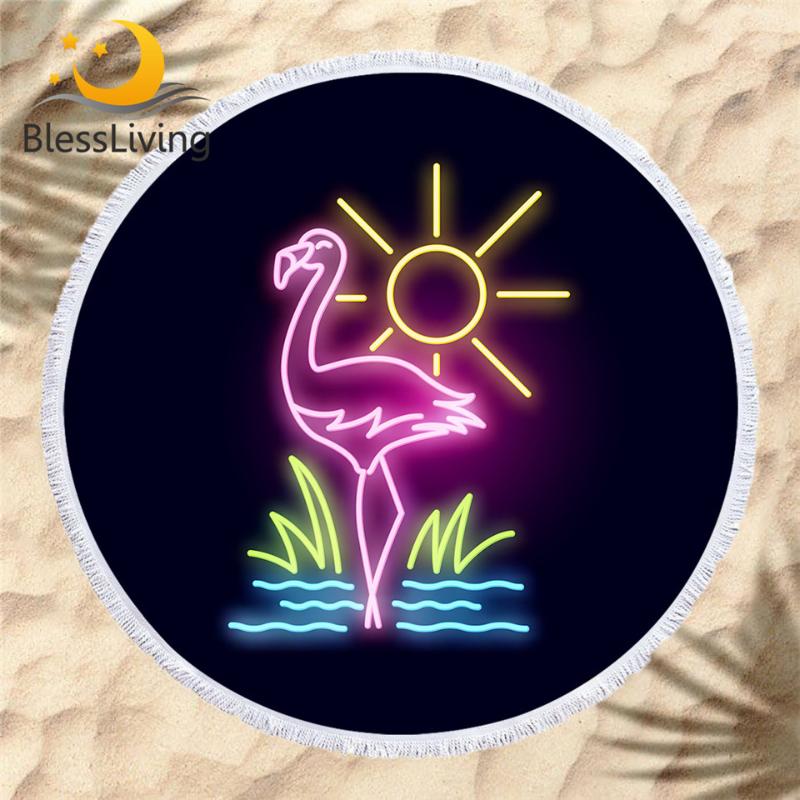 

BlessLiving Bird Beach Towels For Adults Neon Lights Round Bath Towel Flamingo Serviette De Plage Modern Black Large Beach Mat