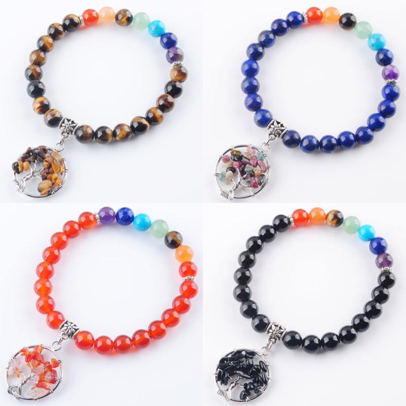 

Tree Of Life Pendant Stretch Bracelet Round 8mm Beads Stone Rose Quartzs Lapis Labradoirte Amethysts Bangle Jewelry Gift TBK330