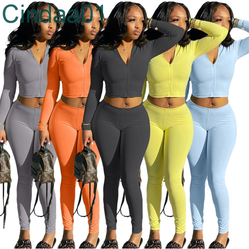 

Women Tracksuits Spring Sports Suit Solid Color Hooded Zipper Jacket Pants Cardigan Long Sleeve Pant Slim Two Piece Set Sportwear 5 Colours, Grey