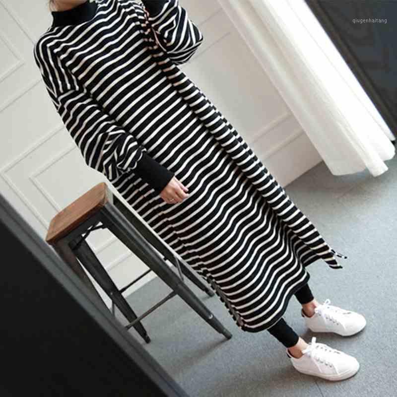 

2020 Korean Style Autumn Pregnant Women Stripe Dress Side Split Long Sleeve Turtleneck Cotton Dress Preppy Style Maternity1, Thin section