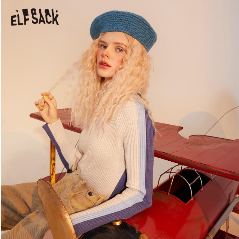 

ELFSACK Striped Colorblock Mock Neck Casual Women Knit Pullover Sweaters,2021 Winter ELF Full Sleeve,Female Basic Daily SlimTop, Gray