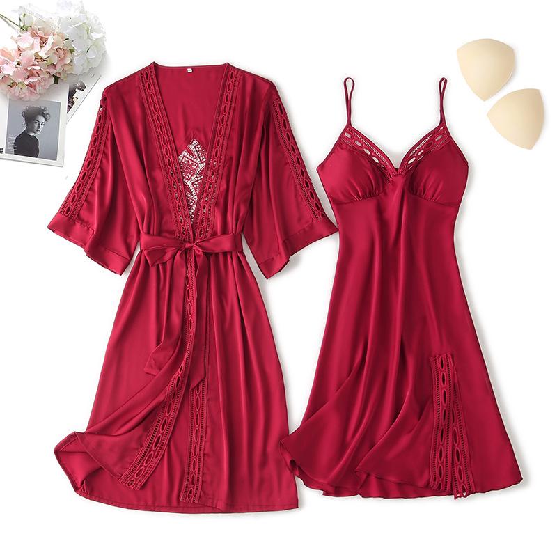 

Burgundy 2PCS Kimono Robe Gown Set Women Sexy Backless V-Neck Hollowout Home Clothing -XL Loose Satin Home Wear, Gray