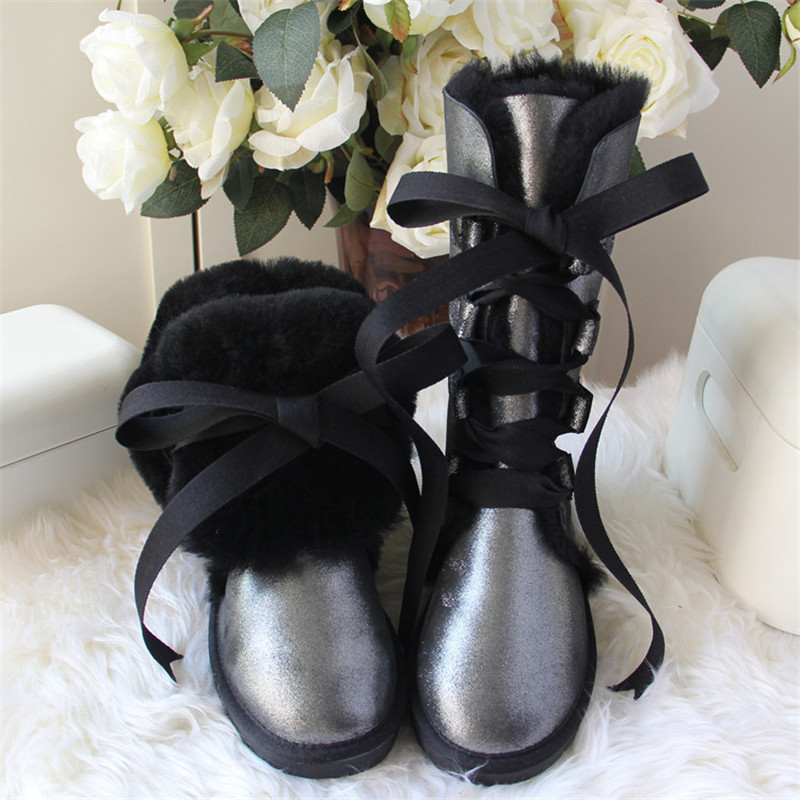 

2020 superior quality new lace up to female shoes genuine sheep skin 100% wool Snow boots winter freight free, Gray waterproof.