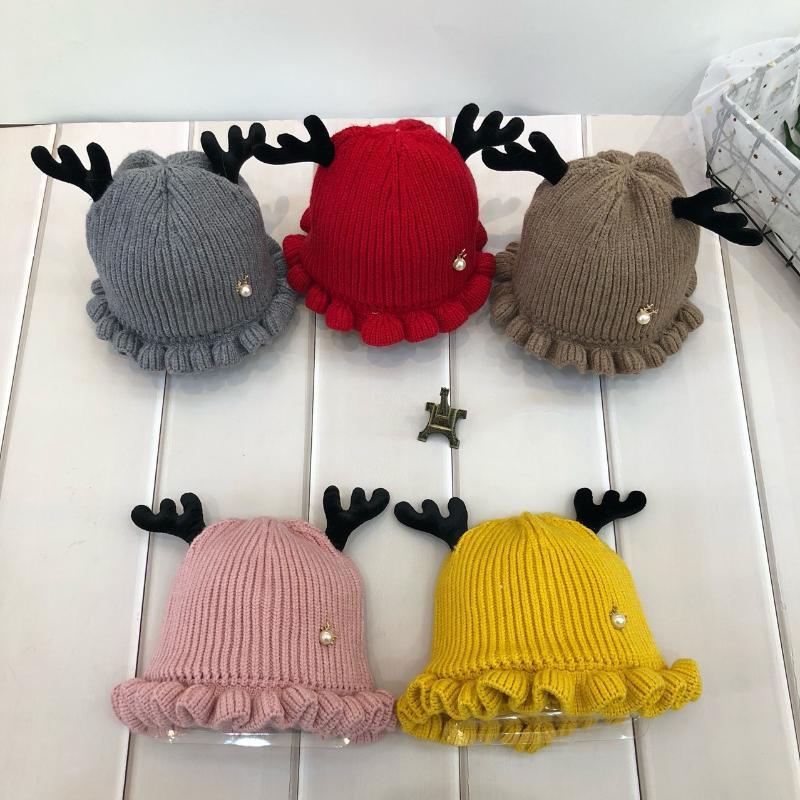 

Antlers Knitted Caps Child Christmas Lovely Winter Warm Girls Boys Japanese Style 46-52cm High Quality Pearls Pure Color Hats1