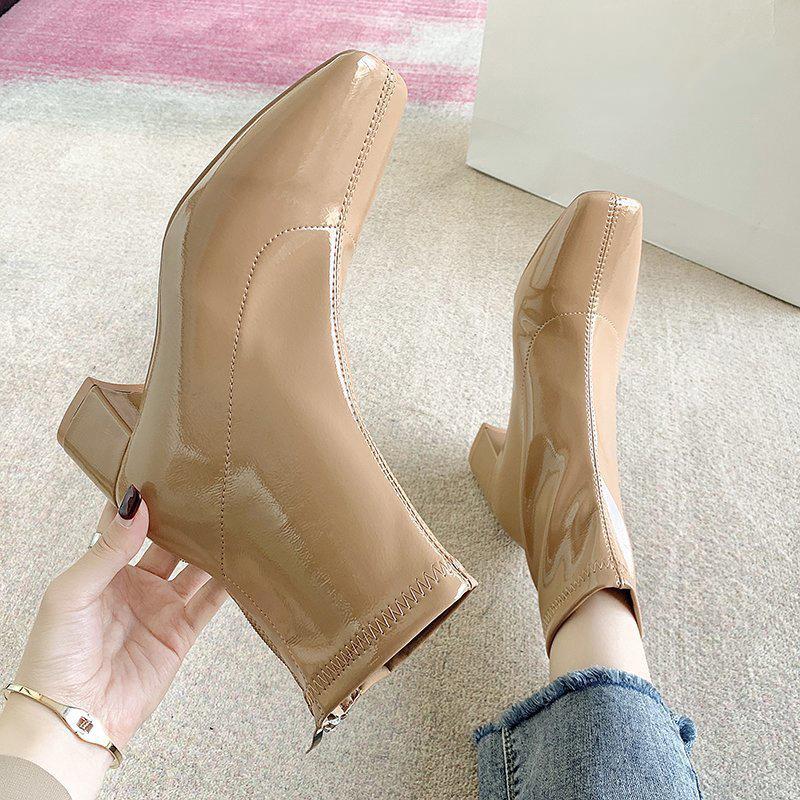 

Woman Patent Leather Ankle Boots Autumn 2021 Women's Square Toe Mid Heels Women Fashion Pumps Ladies Zip Female Sewing Shoes, Beige