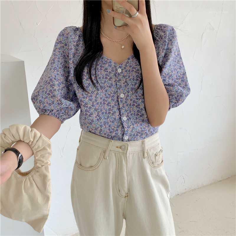 

Women Elegant Vintage Floral Blouses 2020 New Summer Korean Style V-neck Shirt Women Tops Puff Sleeve Blouse Femme Blusas1, Orange