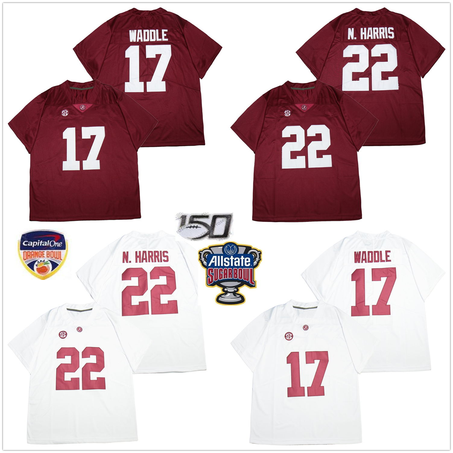 

NCAA 22 Najee Harris 17 Jaylen Waddle Alabama Crimson Tide Football stitched Jersey 150th patch sugar bowl patch, Black