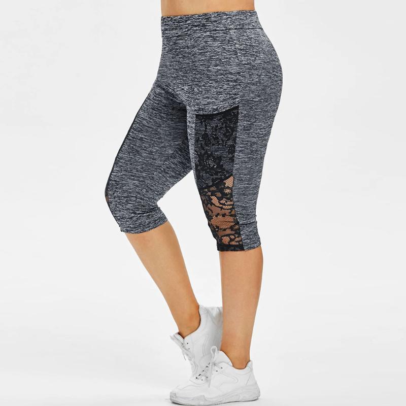 

Women Leggings Yoga Pants Seamless Workout Plus Size Yoga Pant Gym Leggings Elastic High Waist With Pocket hollow out capris1, Gray