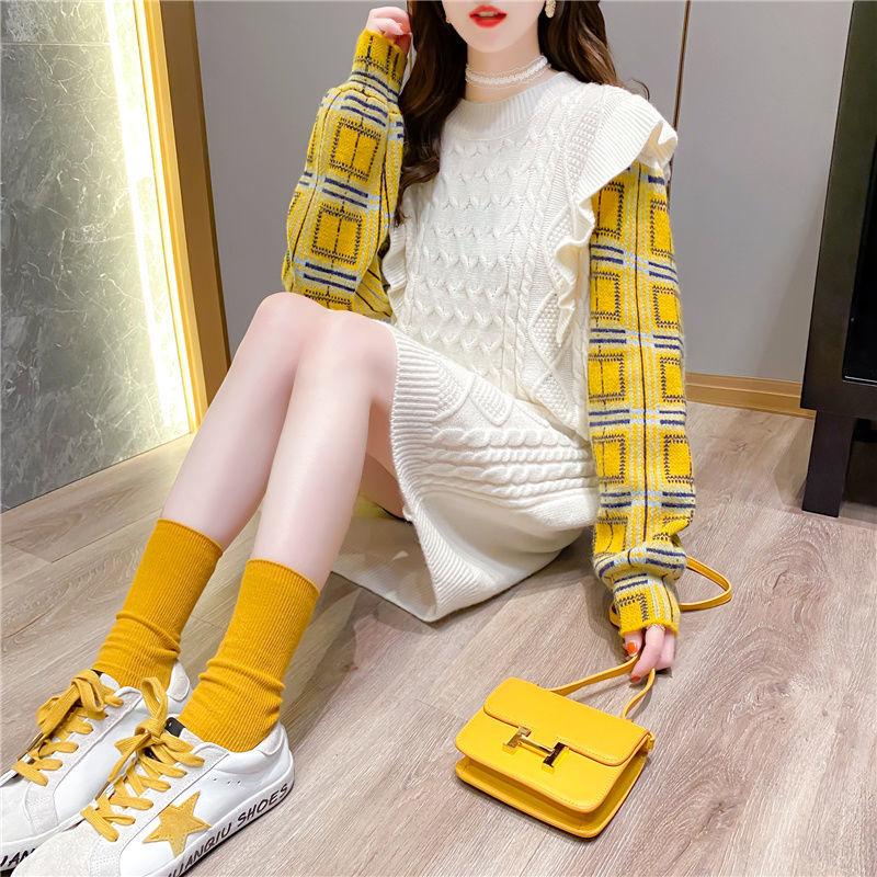 

Woman Sweaters Mock Two-Piece Length Sweater Female Loose Lotus Leaf Splicing Pullover Sweater Dress Femme Chandails Pull Hiver, Apricot
