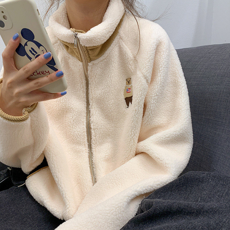 

2021 New 2 colours Korean style women winter turtleneck hot coats bear embroidered female jacket thick fur women's coat (f4172) 8OPS, Navy blue